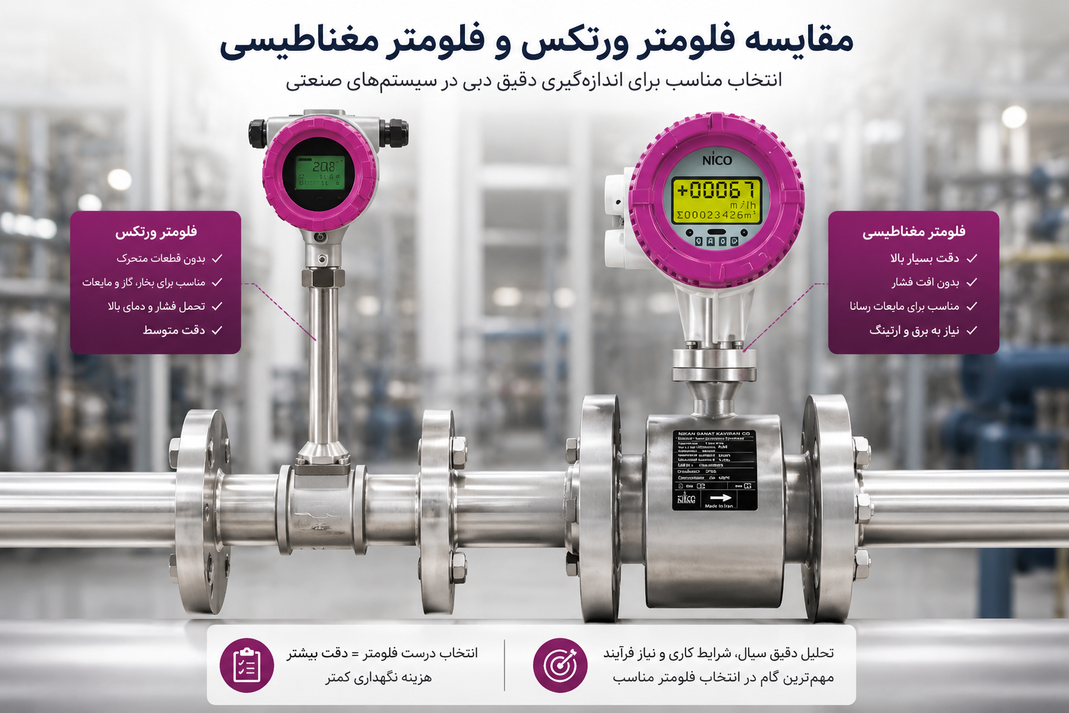 مقایسه فلومتر ورتکس و فلومتر مغناطیسی در سیستم اندازه‌گیری دبی صنعتی